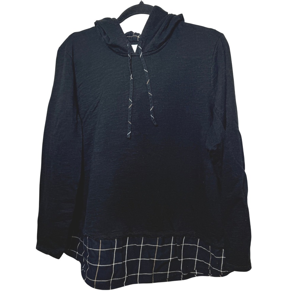 J. Jill Black Cotton Plaid Trim Layered Look Hoodie XL KTP103891